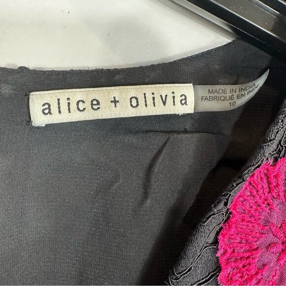 Alice & Olivia Floral Appliqué Embroidered Black Lace Fit and Flare Dress 10 - Picture 6 of 11